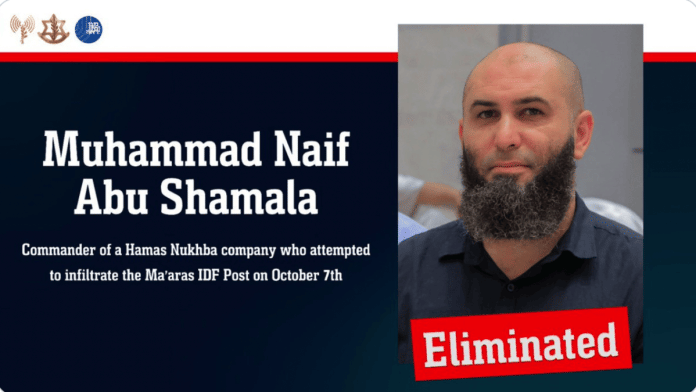 Muhammad Naif Abu Shamala, a Hamas Nukhba company commander who infiltrated Israel and took part in the attempted infiltration of the Ma’aras Post during the October 7 massacre. | X